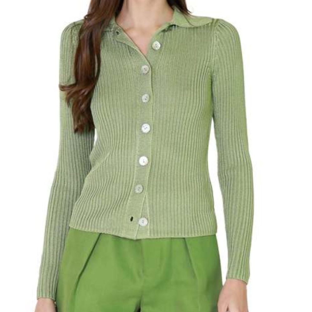 Vince Ribbed Collar Cardigan Sweater Pistachio Size Medium